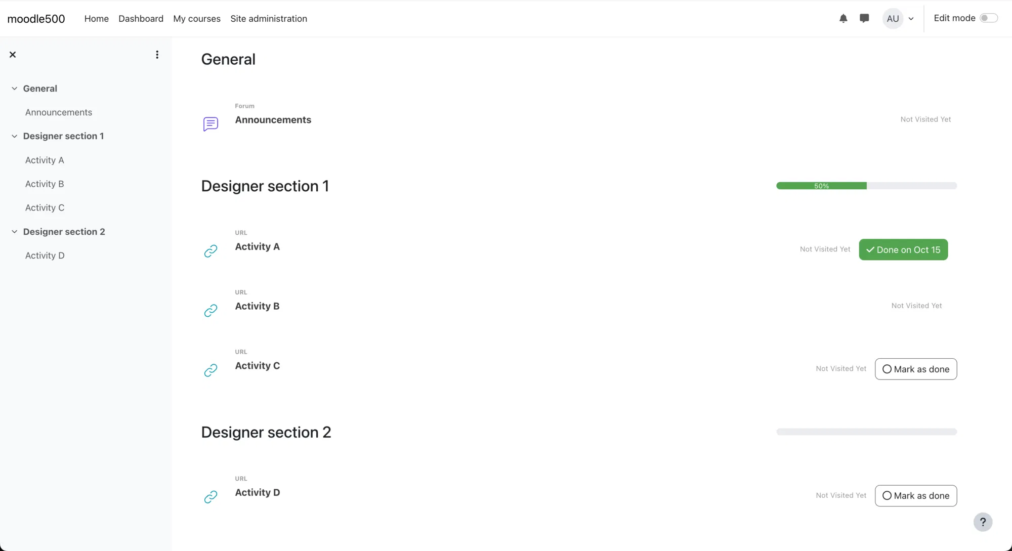 Screenshot of a Moodle course with format_designer applied