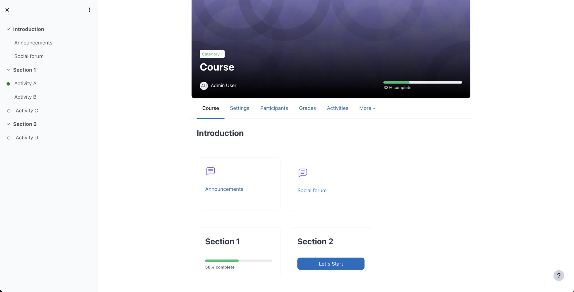 Screenshot of a Moodle course with format_remui (grid) aplied