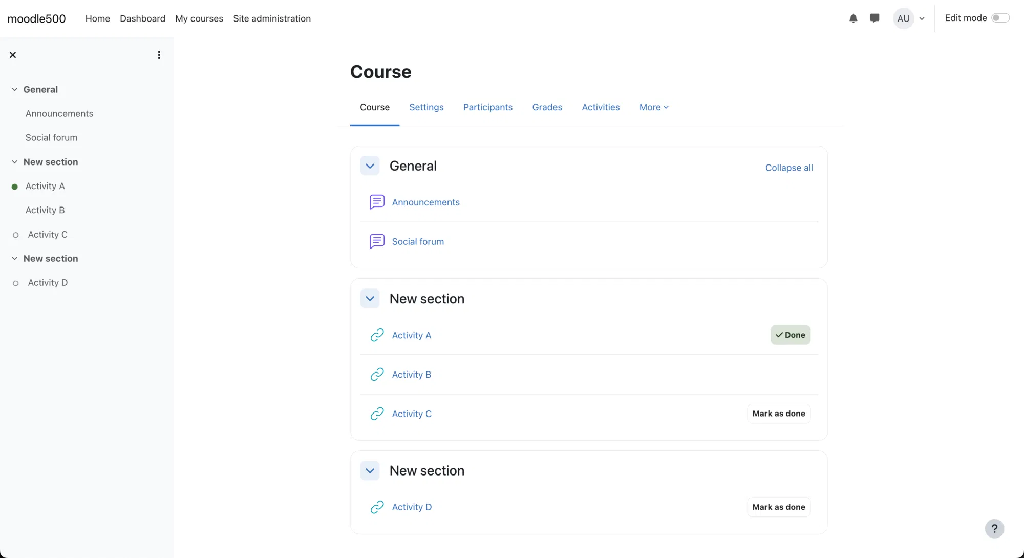 Screenshot of a Moodle course with format_topic applied