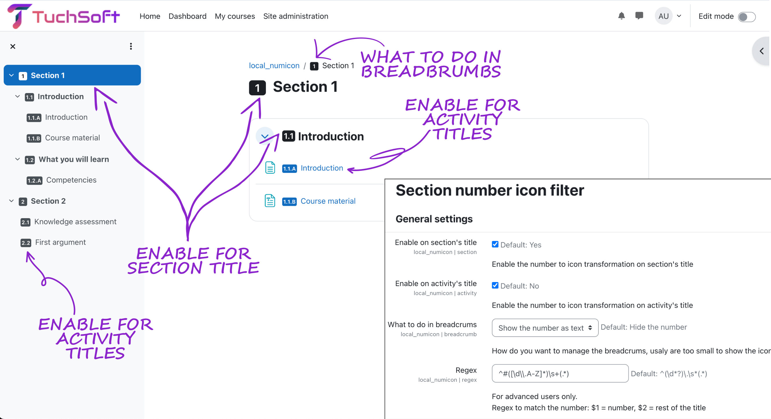 Course number icon filter screenshot showing the display settings and their effect